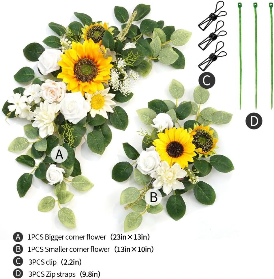 Wedding Decor (Pack of 2) Welcome Sign Flower Backdrop Garland for Ceremony Reception Wall Easel Home Decoration Entryway Faux Outdoor Board Head Table Decor (Sunflower)