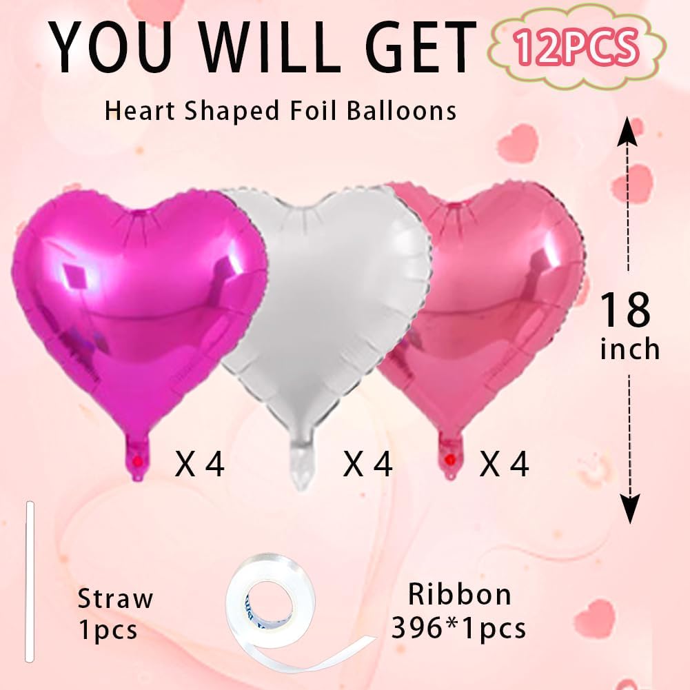Rose Heart Balloons,18inch Bright Pink Heart Shaped Foil Balloons & White Helium Mylar Balloon for Anniversary Wedding Engagement Birthday Party Baby Shower Decorations(12Pcs)