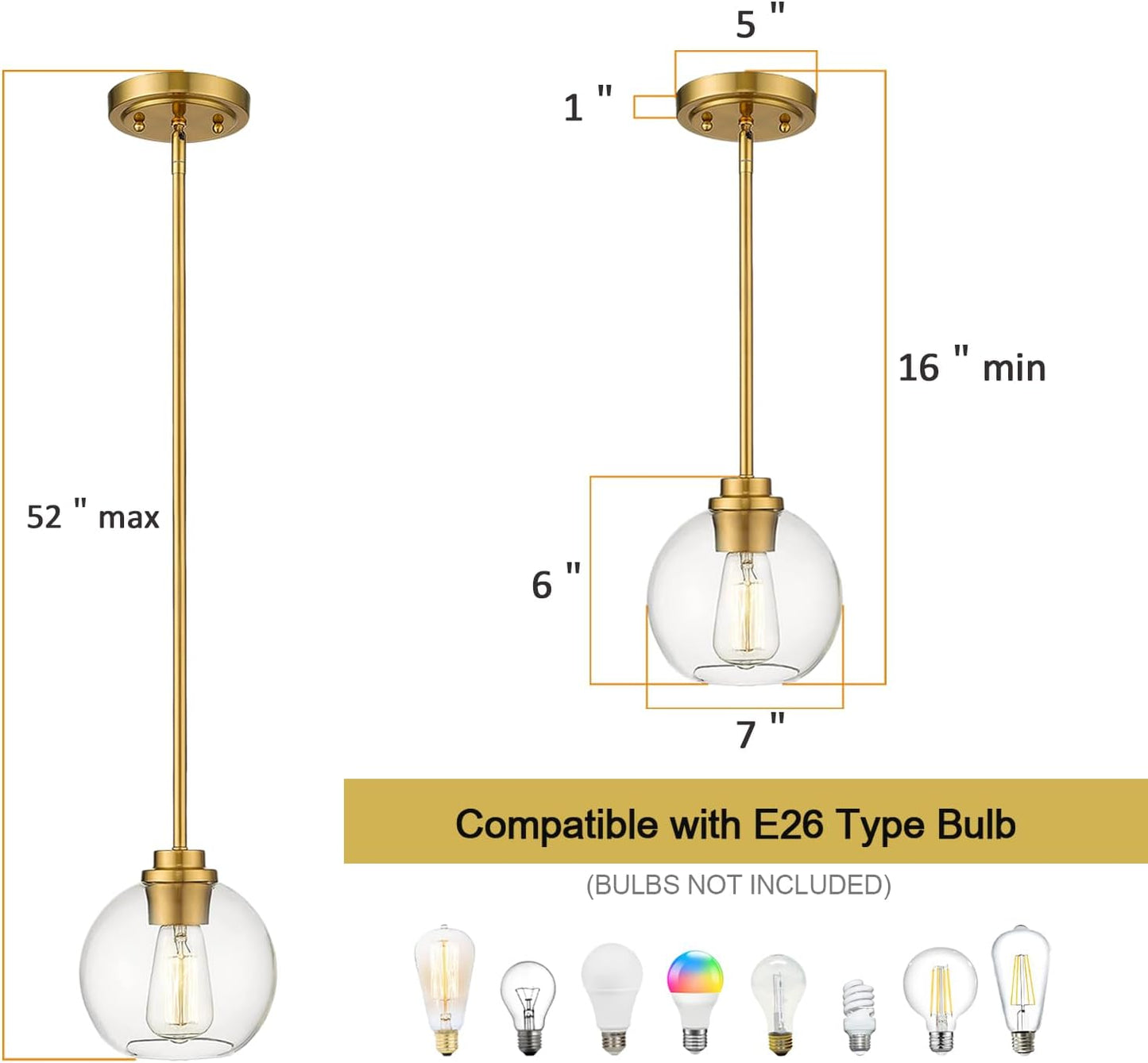 Globe Pendant Lights Kitchen Island, Farmhouse Gold Pendant Light with Clear Glass Globe Shade, Adjustable Hanging Light Fixture for Dining Room, Entryway & Over Sink Lighting