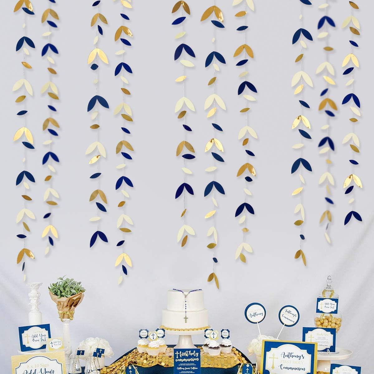 52 Ft Navy Blue Gold Party Decorations Royal Blue Gold Leaf Garland Paper Hanging Leaves Streamer Banner for Spring Birthday Bachelorette Engagement Anniversary Wedding Bridal Shower Party Supplies