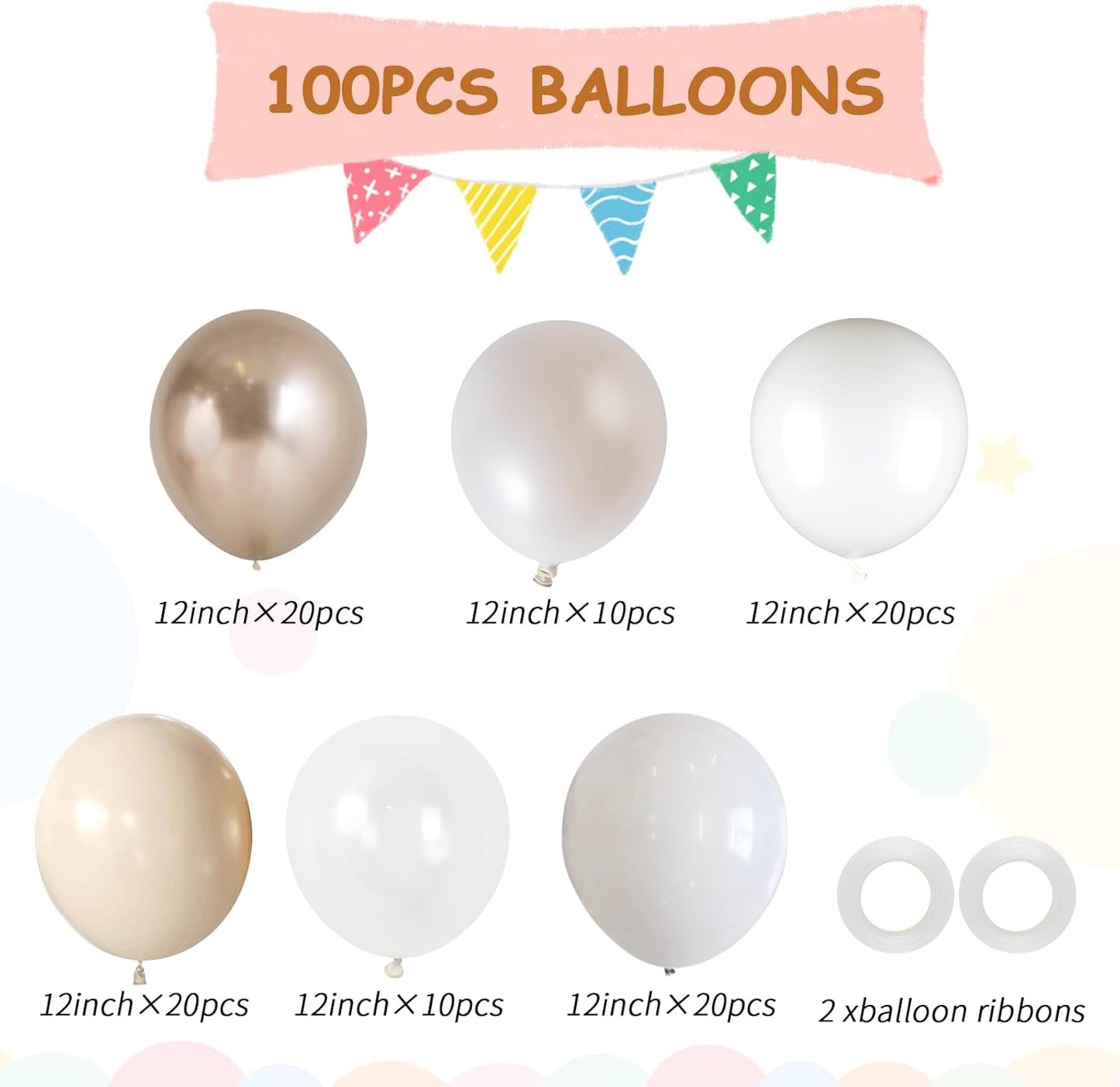 100pcs White and Gold Balloons - 12inch Sand White Metallic Champagne Gold Nude Pearl White & Clear Balloon for Baby showers, Wedding, Bachelorette, Graduation (with 66ft Ribbons)