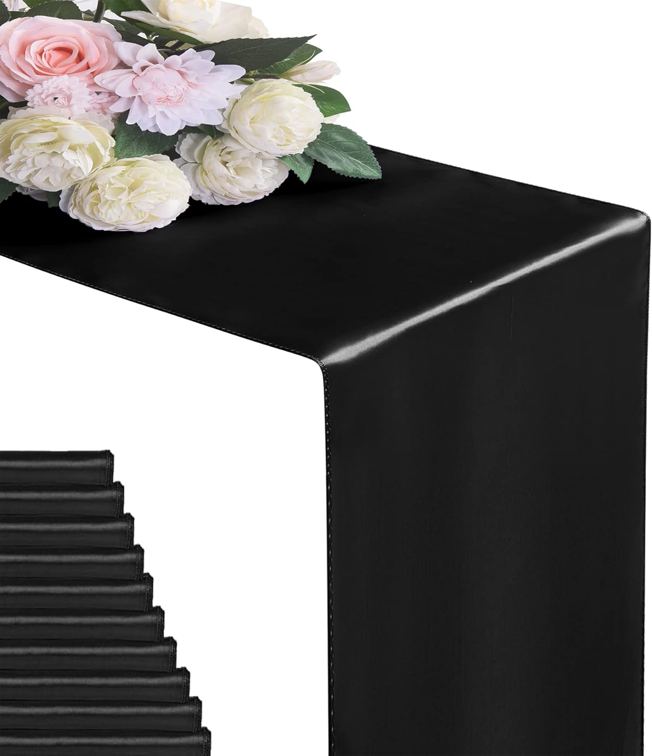 12Pack Table Runner 12 x 108 Inches Satin Silk Table Runner for Wedding, Birthday Party, Banquets, Graduations Decoration, fit Rectange and Round Table-Black