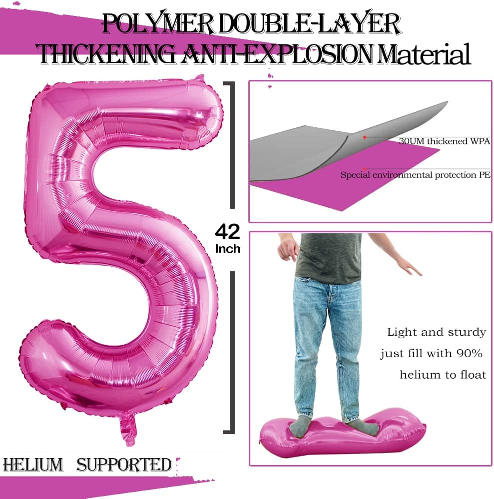GOER Pink Foil Balloons Number 5,Huge Number Balloons for 5th 55th Birthday Party Supplies Anniversary Decorations(3 pcs,42 inch,32 inc,16inch)