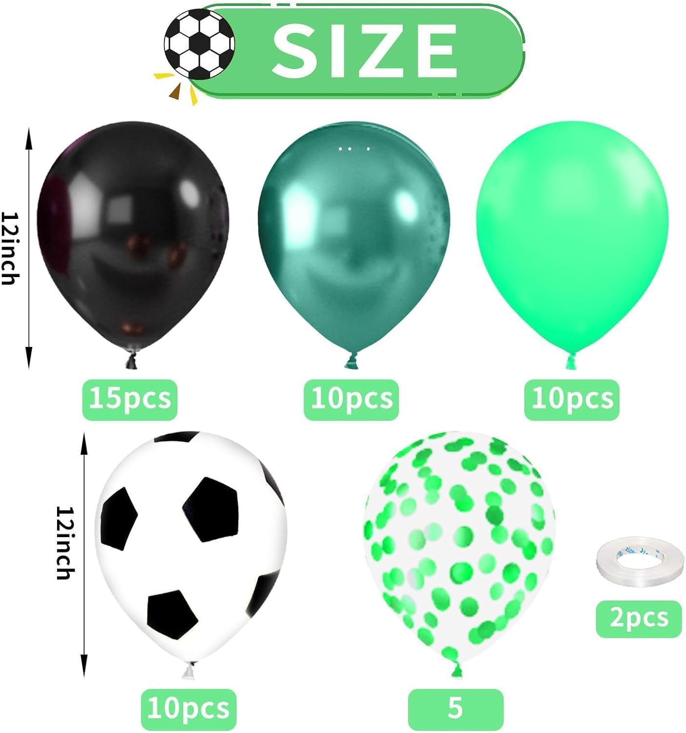 Metallic Chrome Soccer Balloons - 52 PCS 12 Inch Dark Green, Light Green, Black with Soccer Print, Confetti for Sports Theme Party Decorations