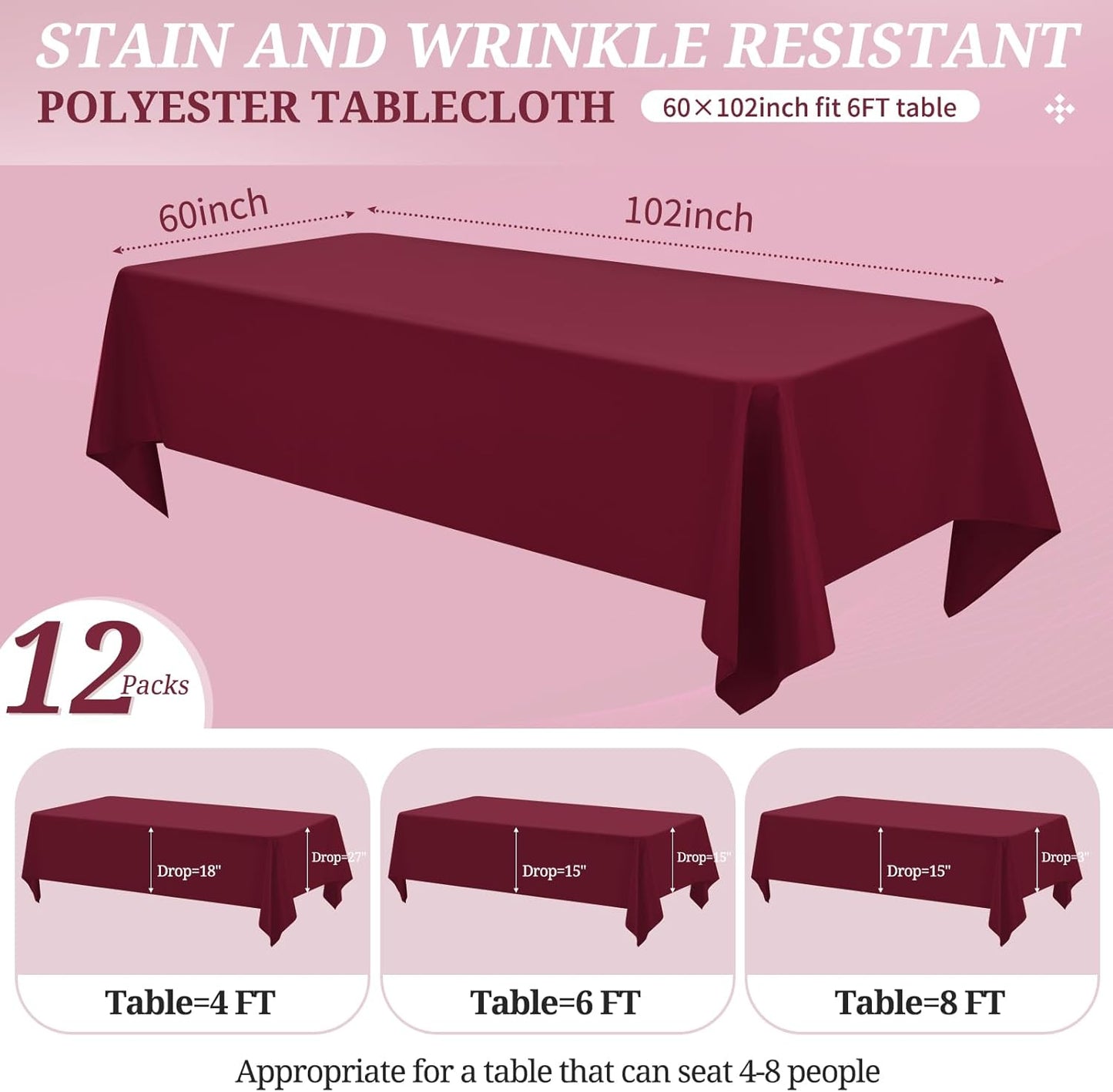 12 Pack Burgundy Tablecloths for Rectangle Tables 60 x 102 Inch Polyester Tablecloth 6 Foot Rectangle Table Cloth Wrinkle Resistant Washable Fabric Table Cover for Party Wedding Banquet Events