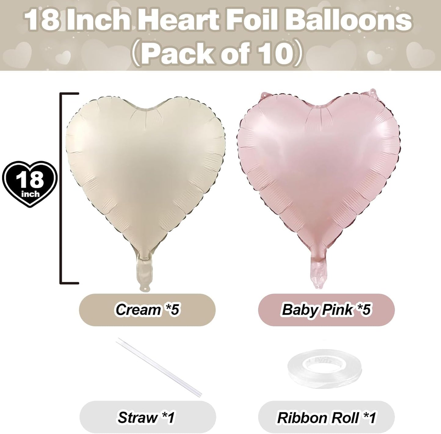 Pink White Heart Balloons, 18 Inch Baby Pink and Cream Helium Foil Heart Balloon 10Pcs Pastel Nude and Light Rosa Heart Shape Mylar Balloons for Boho Girls Women Birthday Baby Shower Bridal Valentines