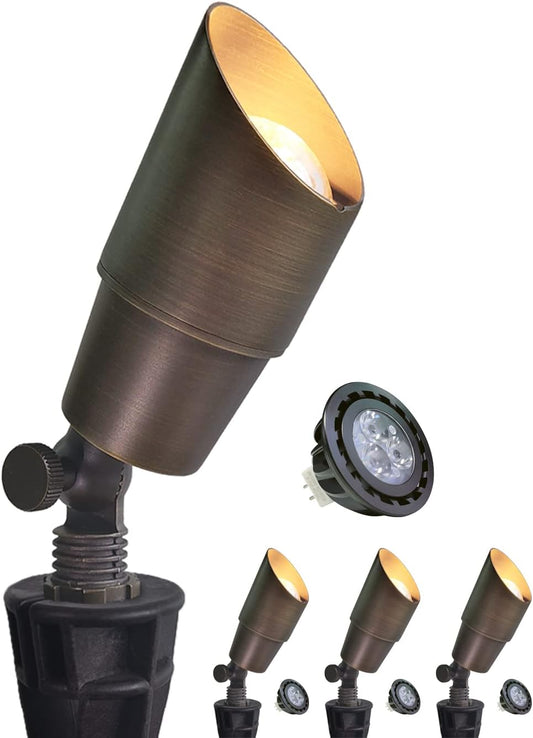 MALORY Brass Landscape Spotlight 4-Pack with Bulb(S01), Low Voltage 12V AC/DC LED Outdoor Landscape Lighting,PVC Ground Stake and Wire Connector Included, Garden Patio Trees Spot Uplight