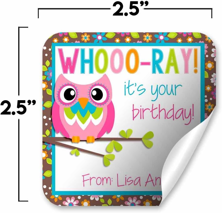 Custom & Personalized Colorful Floral Owl Happy Birthday Gift Tag Sticker Labels, 24 2.5" Square Stickers by Amanda Creation