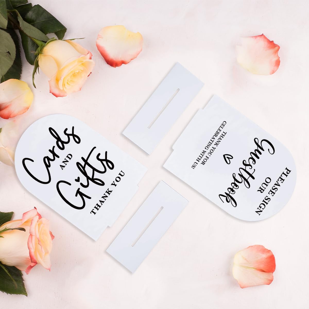 2 Pcs Acrylic Wedding Signs for Ceremony and Reception, Bridal Shower Decorations, Cards and Gifts Signs, Guest Book Sign, Arch Acrylic Table Top Sign with Holder for Wedding Reception (White)