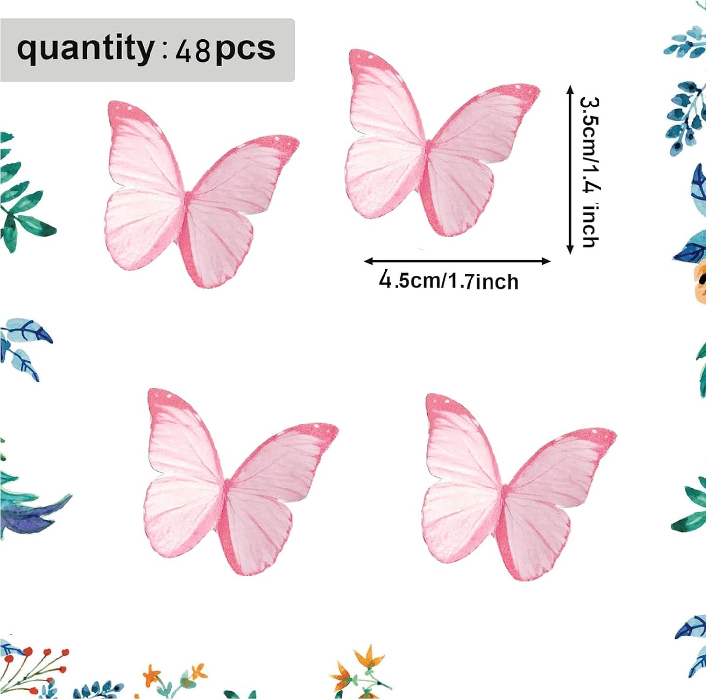 48Pcs Edible Butterflies for Cake Decorations Pink Wafer Paper Butterfly Cupcake Toppers Wafer Glutinous Paper Butterflies for Wedding Baby Shower Kids Birthday Party Cupcakes Decorating (Pink)