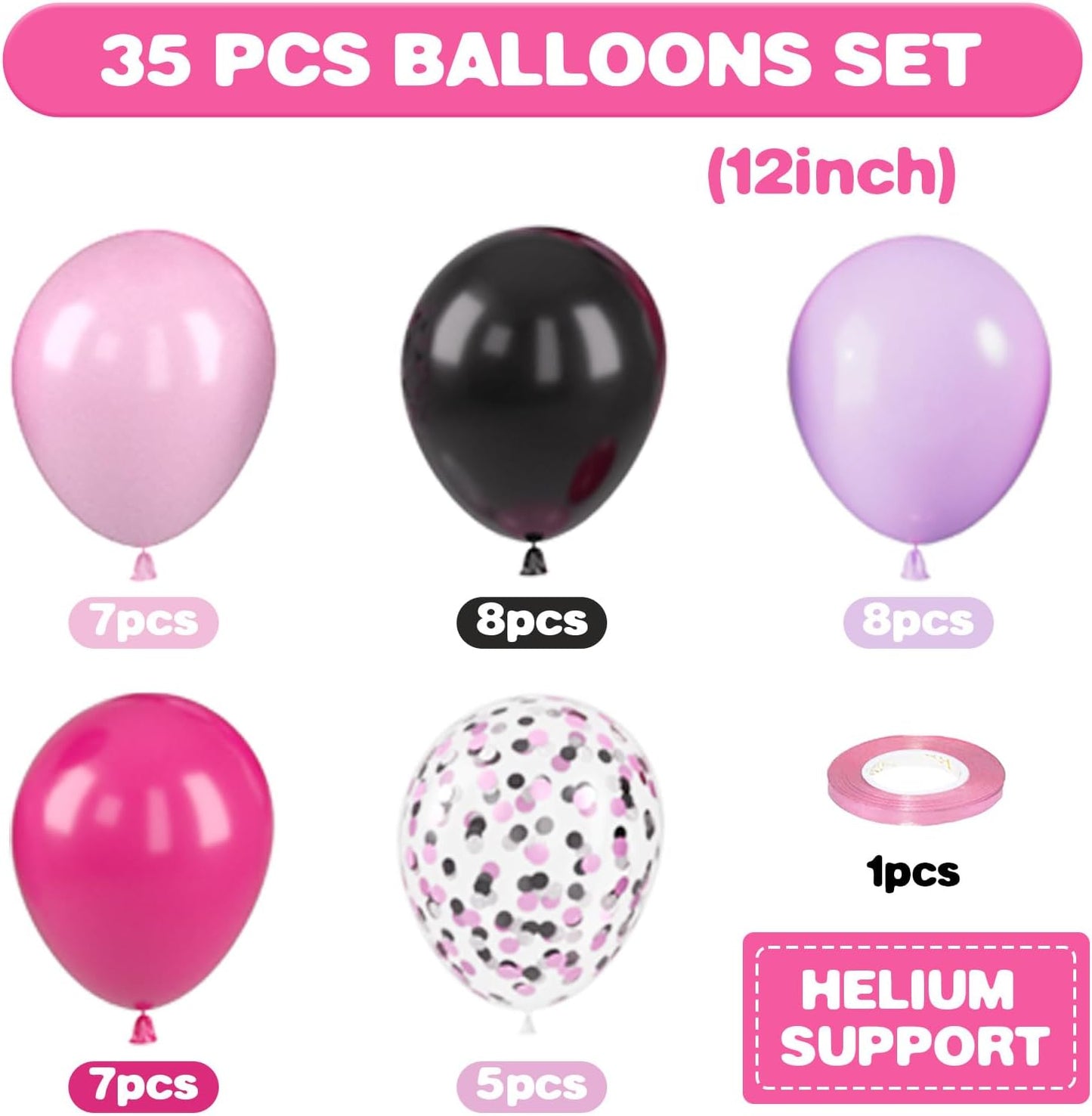 Pink Purple and Black Balloons, 12 Inch Black Purple Hot Pink Balloons, Confetti Balloon for Girls Birthday Baby Shower Wedding Bridal Shower Princess Party Decorations