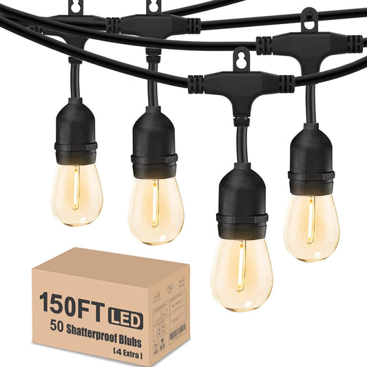 Achin Outdoor String Lights 150 Feet LED Waterproof Patio Lights with 50 Shatterproof Dimmable Warm Edison Bulbs String Lights for Outdoor Gazebo Bistro Wedding Birthday Party Lights, Connectable