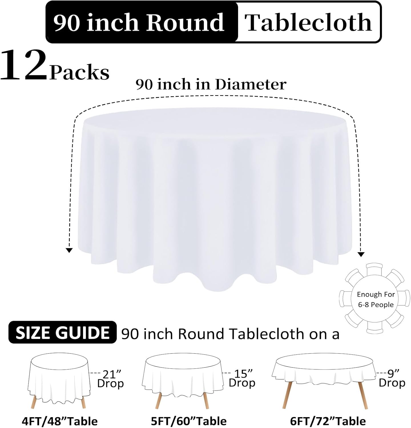 12 Pack White Round Tablecloth 90 Inch White Table Cloth Stain and Wrinkle Resistant Round White Tablecloths Reusable and Washable Polyester Fabric Table Covers for Buffet Wedding Party and Banquet