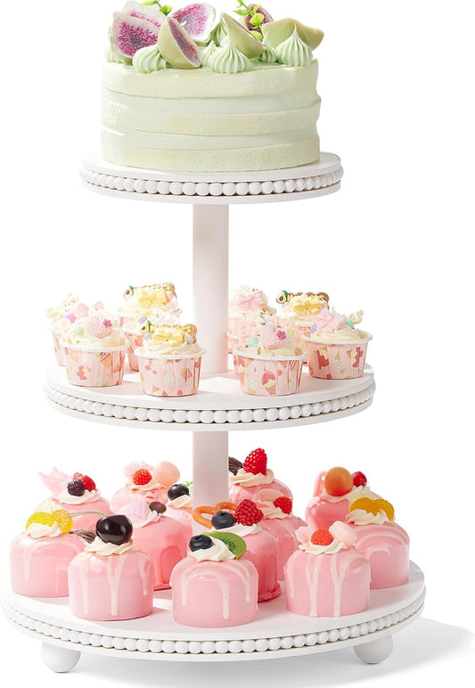 3 Tier Cupcake Stand Round,Wood Cupcake Stand with Beads,Tiered Cake Stand for 24 Cupcakes,Dessert Display Stand,Cupcake Tower for Party, Wedding, Birthday, Home Decor