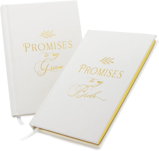 MUUJEE Promises To My Groom and Promises to My Bride Wedding Vow Books (Set of 2) - White Gold Foil Embossed Notebook Journal for Wedding Ceremony Vow Renewal - Wedding Gift Ideas