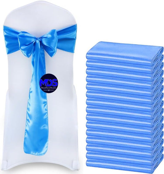 MDS Pack of 200 PCS Satin Chair Sashes Charmeuse Sateen Dining Chair Bows Ribbon Ties Back Sash for Wedding Party Birthday Home Hotel Restaurant Banquet Decoration (7 x 108 Inch, Blue)