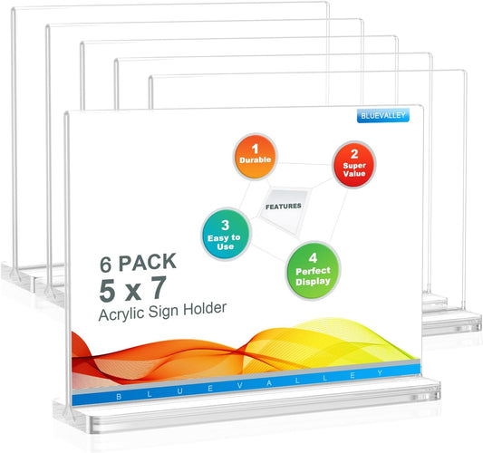 BlueValley Acrylic Sign Holder 7x5 - Double Sided Sign Stand Clear Paper Display Holder for Menu, Flyer, Document or Picture | Desktop Plastic Frame for Office, Store, Restaurant, Show Fair - 6 Pack
