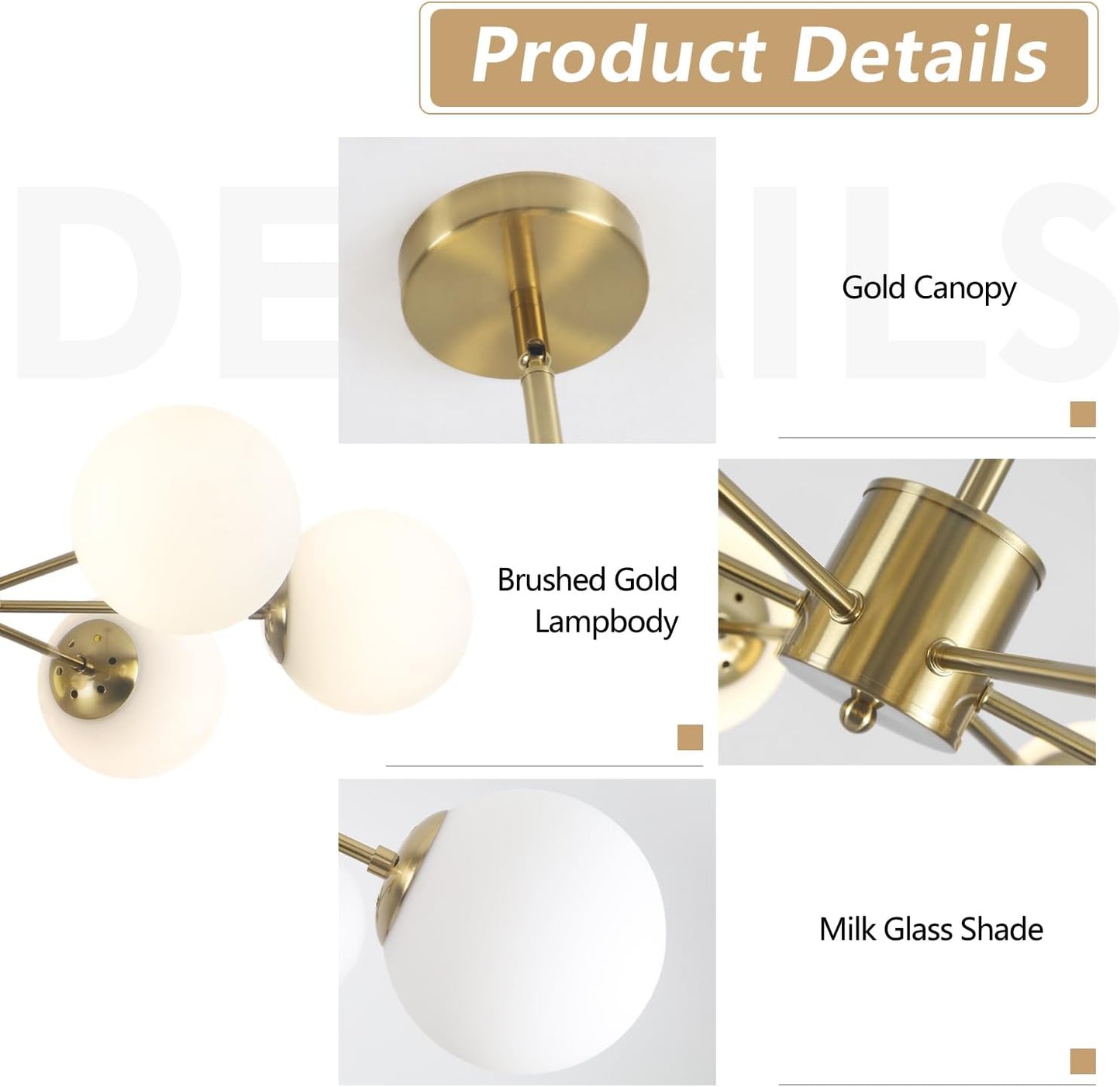 KCO 6-Light Globe Sputnik Chandelier Milk Glass Modern Gold Chandelier Light Fixture Mid Century Sputnik Chandeliers Pendant Lighting Brushed Brass Chandelier (Gold+White)