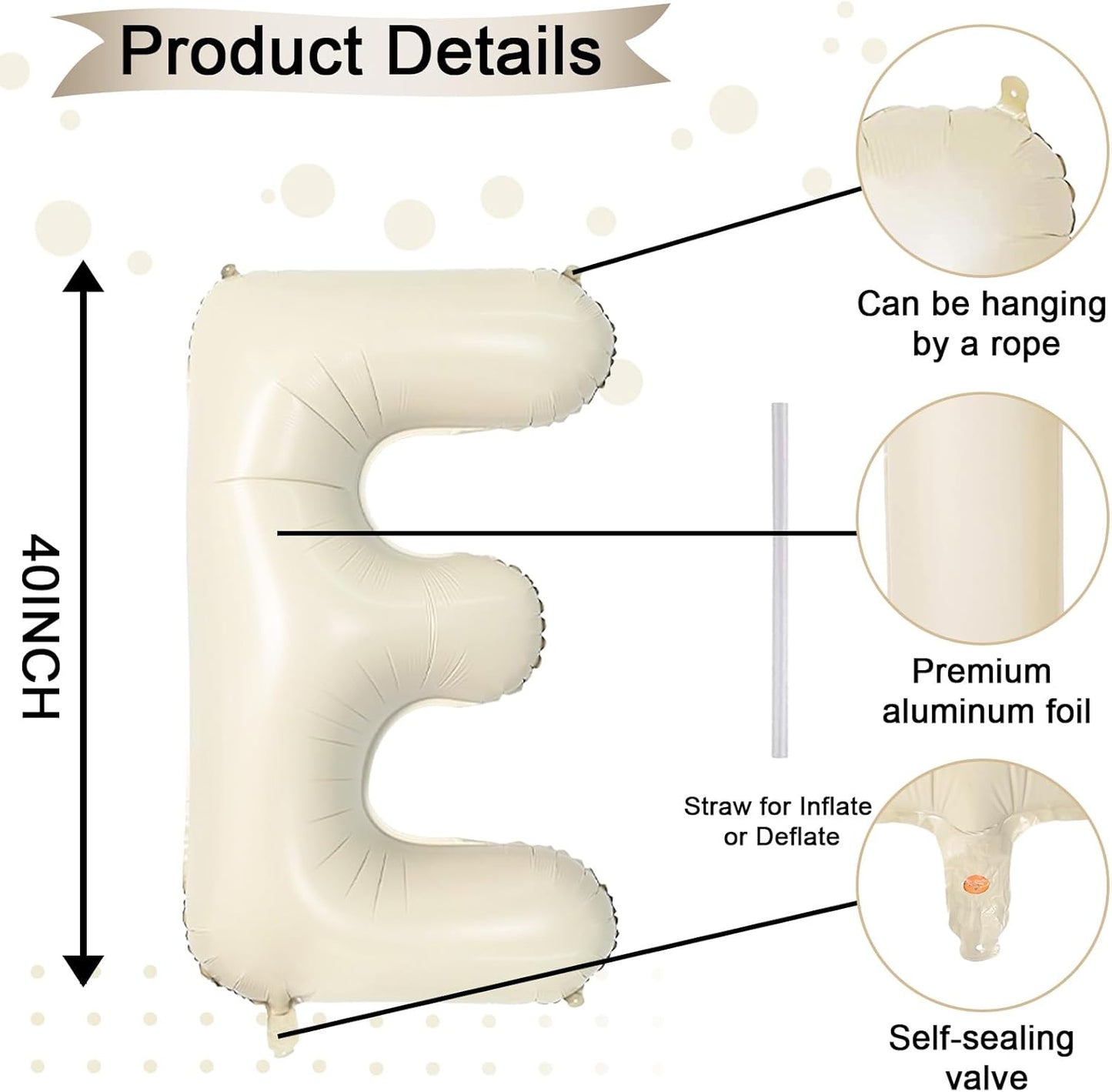 40 Inch Letter Balloons E, Big Custom A-Z Alphabet Foil Name Balloon Cream White, Self Inflating Beige Customize Helium Balloon Letters E for Women Girls Birthday Bride Baby Shower Party Decorations