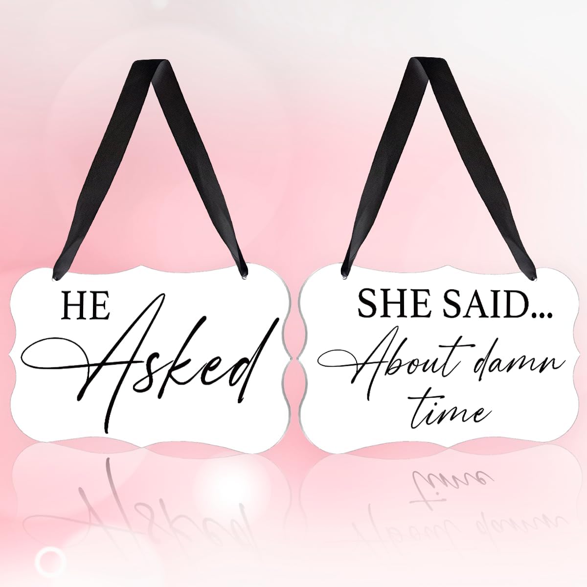 2 Pcs Acrylic Wedding Sign, Ring Bearer Sign, Rustic Wedding Decor Signs, Acrylic Wall Art With Ribbon for Chairs Weddings Decor and Event Party - He Asked She Said About Damn Time (White)