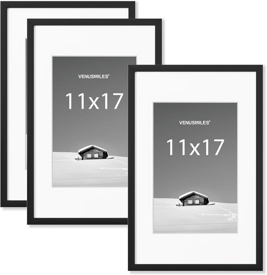 11x17 inch Picture Frame,11x17 Photo Frames with Removable Mat - High Definition Plexiglass - Vertical and Horizontal Display - Wall Hanging Frame - Black, 3 Pack