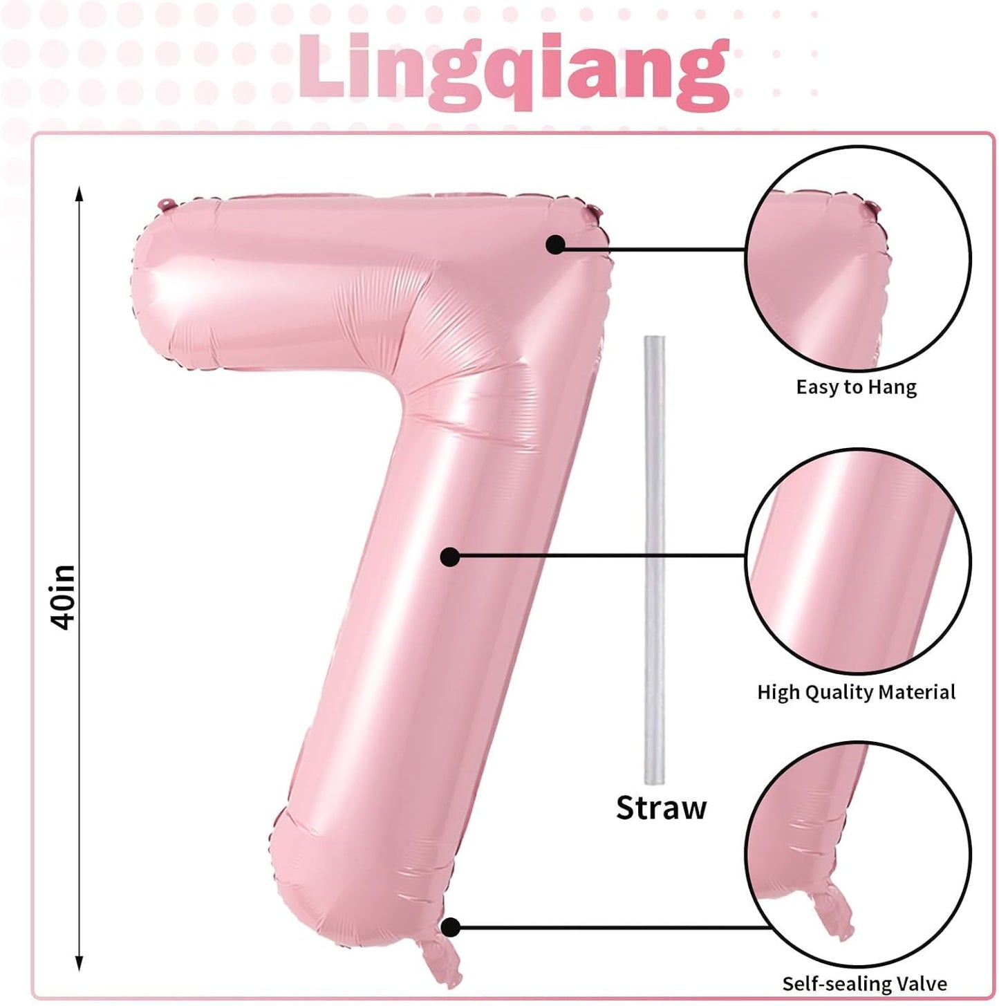 Light Pink Foil Balloon Number 7, 40'' Giant Self Inflating Number Balloons Set 0-9, Large Pastel Pink Number 7 Helium Balloon for Girls 7th Birthday Princess Party Decorations Supplies