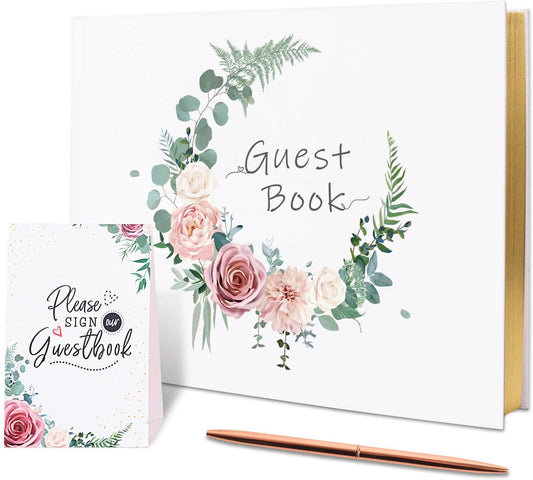 Vienrose Wedding Guest Book Set with A Pen and A Welcome Sign Registry Sign-in Book with 123 Blank Lined Pages Gilded Edges Hardcover Book for Wedding Baby Shower Birthday