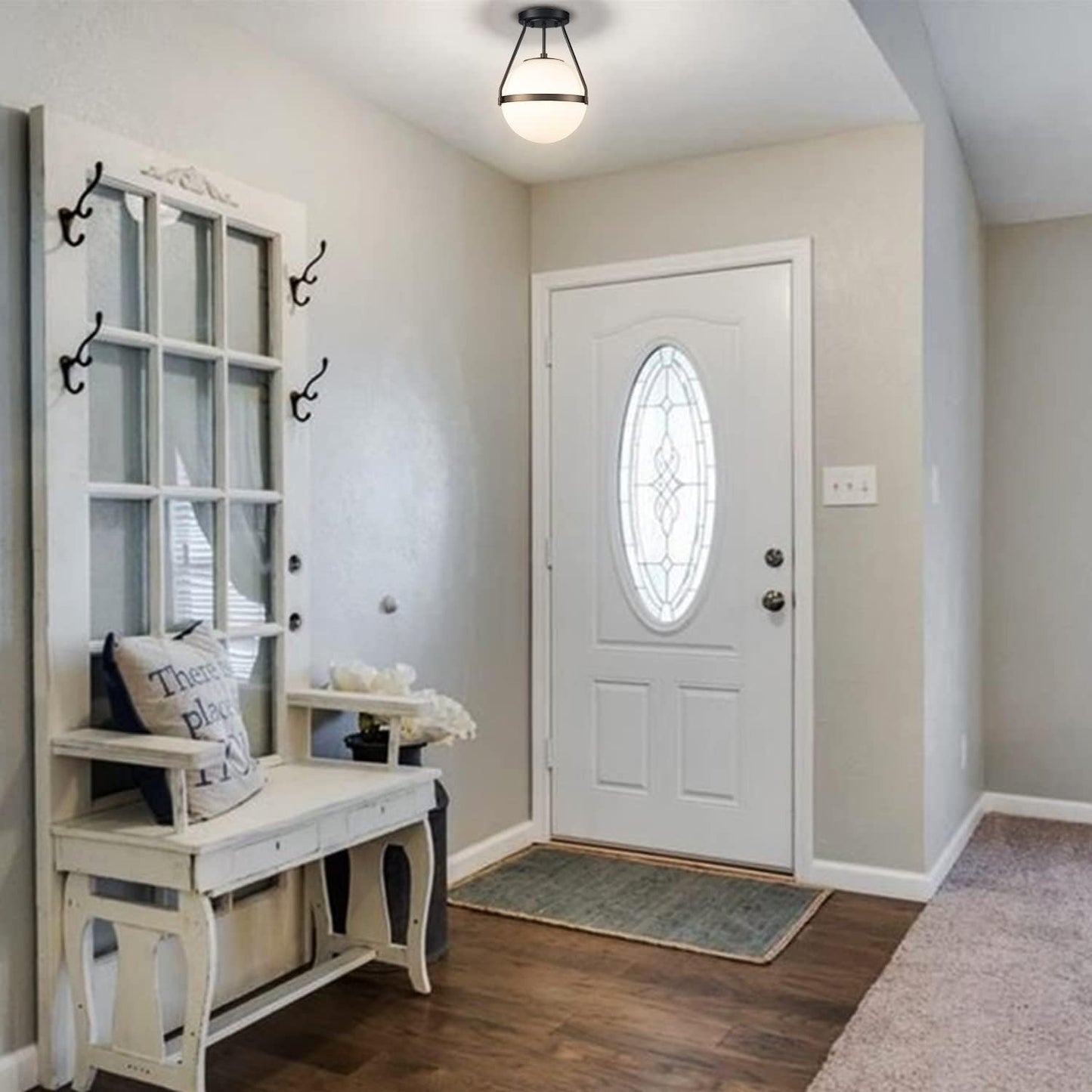 HOLKIRT Mid Century Semi Flush Mount Ceiling Light Black Globe Ceiling Light Modern Light Fixture with White Opal Glass Shade for Living Room Bedroom Hallway