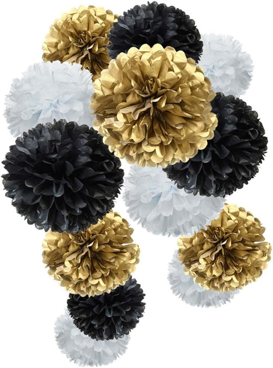 Paper Flower Tissue Pom Poms for Baby Shower New Year Party Hanging Decoration (Gold,Black,White,12pc)