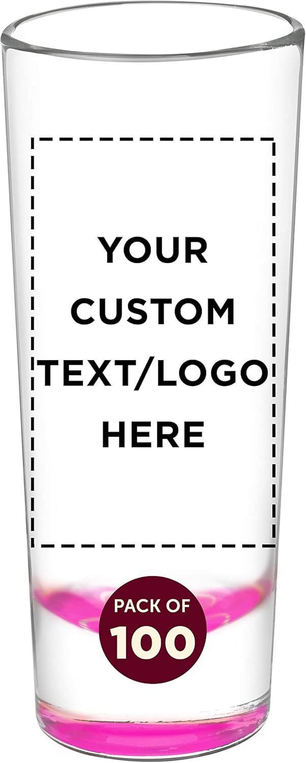 Custom Cordial Shooter Shot Glasses 2 oz. Set of 100, Personalized Bulk Pack - Great for Birthdays, Parties, Indoor & Outdoor Events - Pink