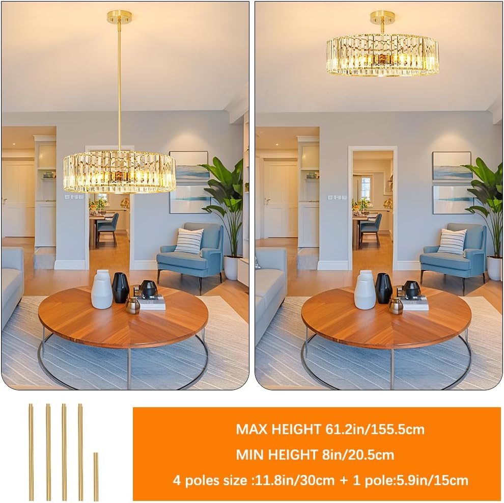 Gold Crystal Chandelier for Dining Room, 6-Light Modern Semi Flush Mount Ceiling Lighting Fixtures, Round Kitchen Fixtures Ceiling, Hanging Drum Pendant Lights for Living Room Bedroom Foyer, 19IN, E26