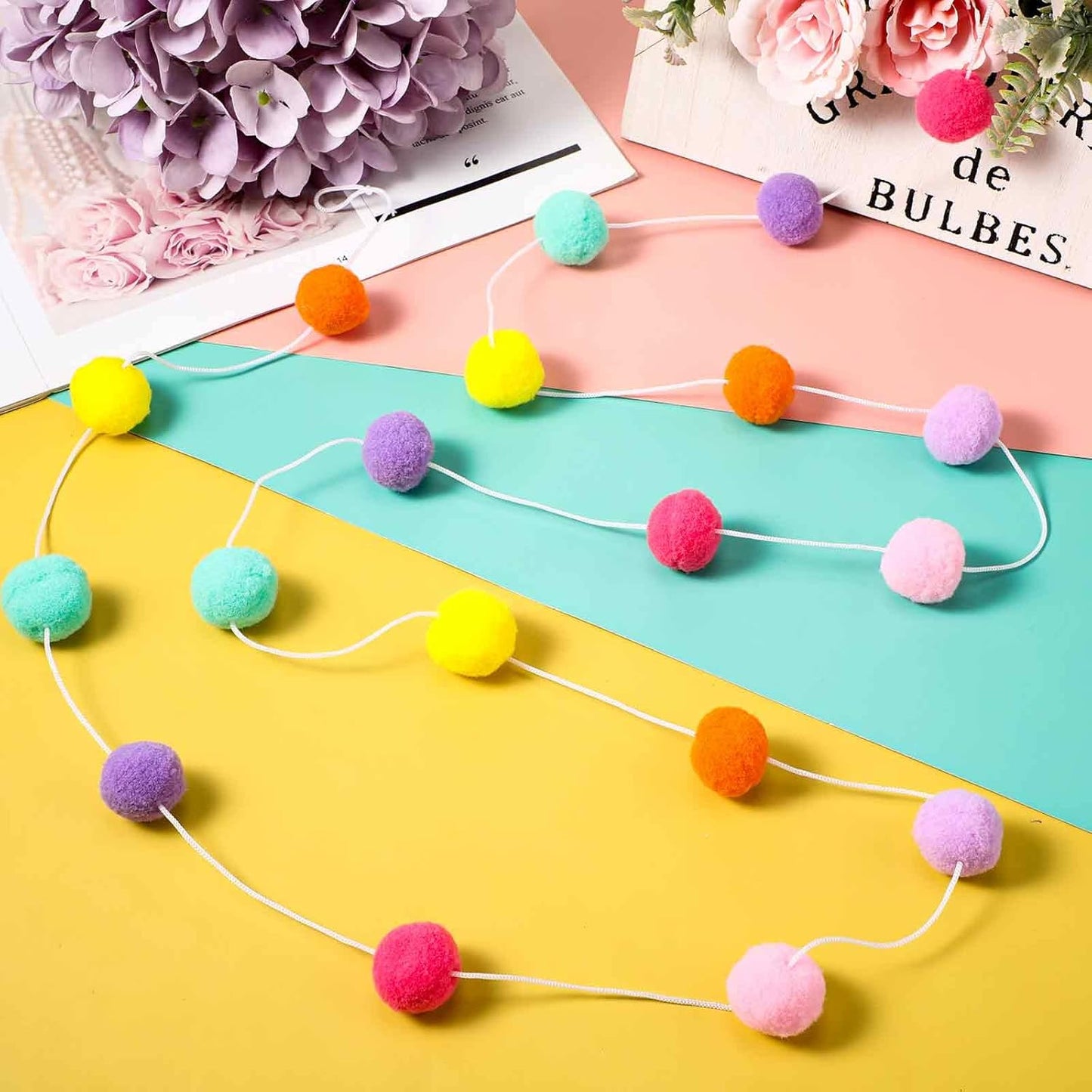 Irenare 9.8 ft Pom Pom Garland Felt Colorful Tassel Banner Christmas Party Pompoms Garland Decorations Felt Pennant Banner for Classroom Home Mantel Fireplace Birthday(Candy Color)