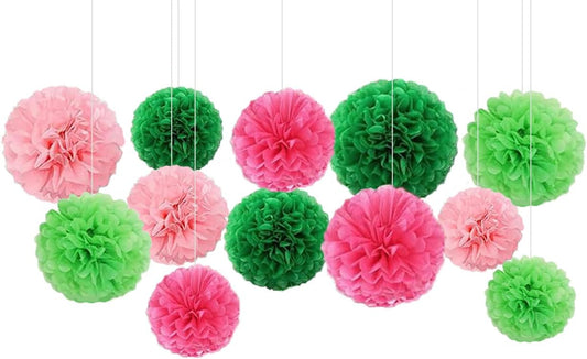 Capesaro Pink and Green 12PCS Paper Pom Poms Party Decorations for Girl Birthday Party Summer Decoration, Hanging Paper Decor Tissue Paper Flowers