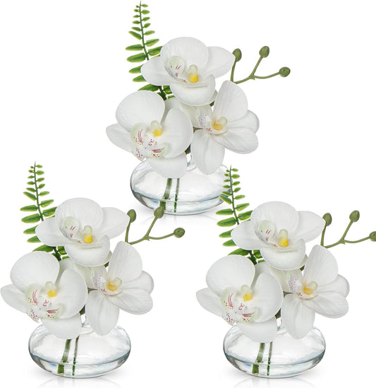 White Orchids Artificial Flowers Faux Orchids Arrangement in Clear Glass Vases Set of 3 Real Touch Phalaenopsis Orchid Flowers Small Fake Orchid Centerpiece for Dining Room Table