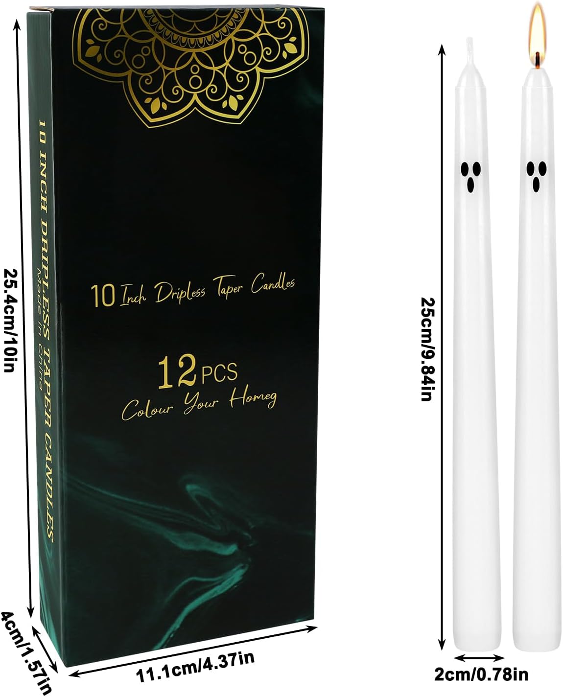 12 Pack Halloween Taper Candles - 10 Inch White Ghost Face Smokeless Candles, Long-Lasting 7+ Hour Burn, Premium Wax for Spooky Decor & Parties