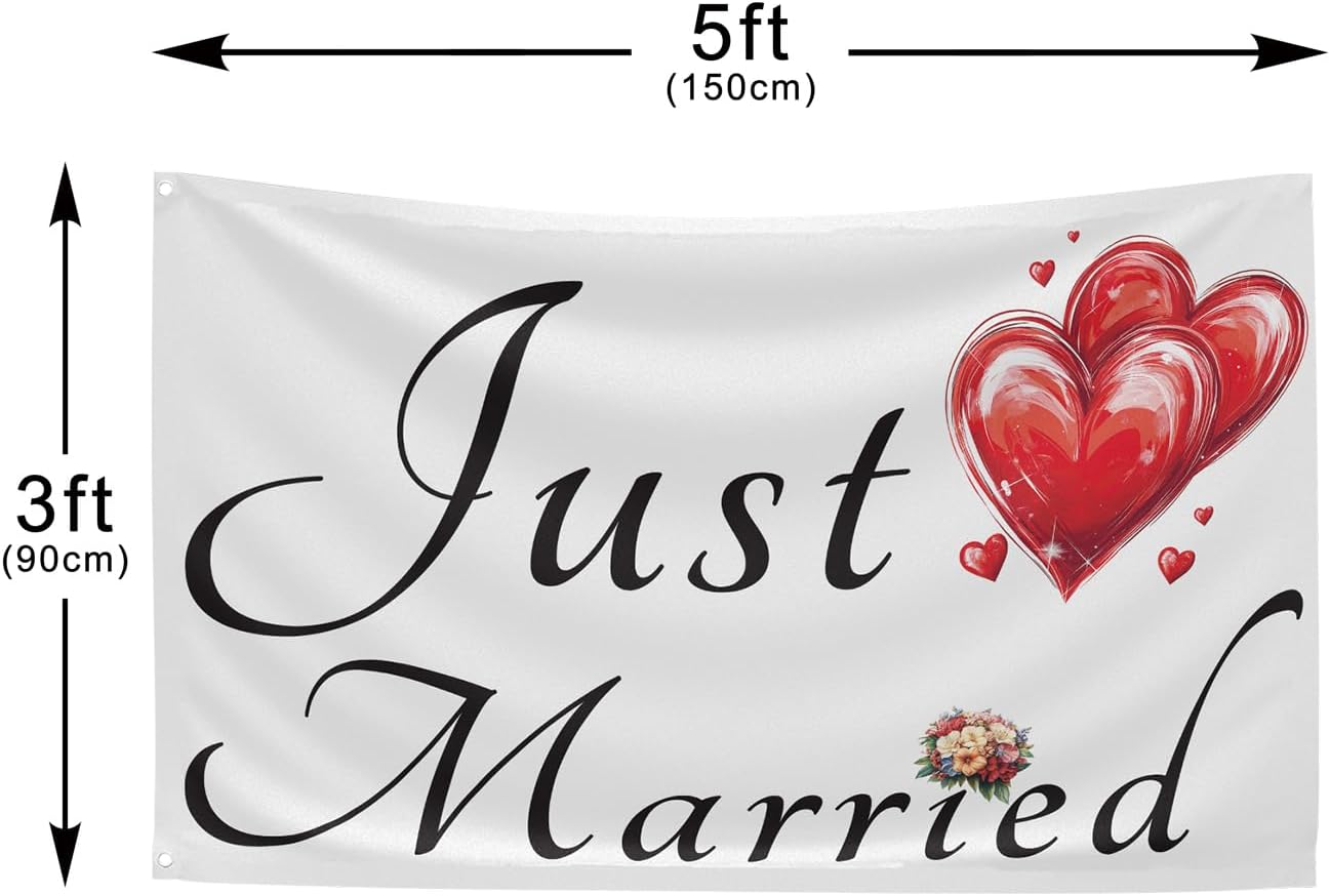 Just Married Flag Banner Outdoor Indoor Decoration Flag 3x5 FT Double Stitched Polyester with Brass Grommets (White)