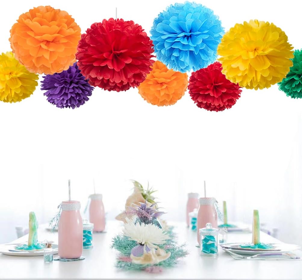 Rainbow Paper Flower Tissue Pom Poms for Birthday Graduation Wedding Pride Theme Party, Red Orange Yellow Green Blue and Pruple, 12pc
