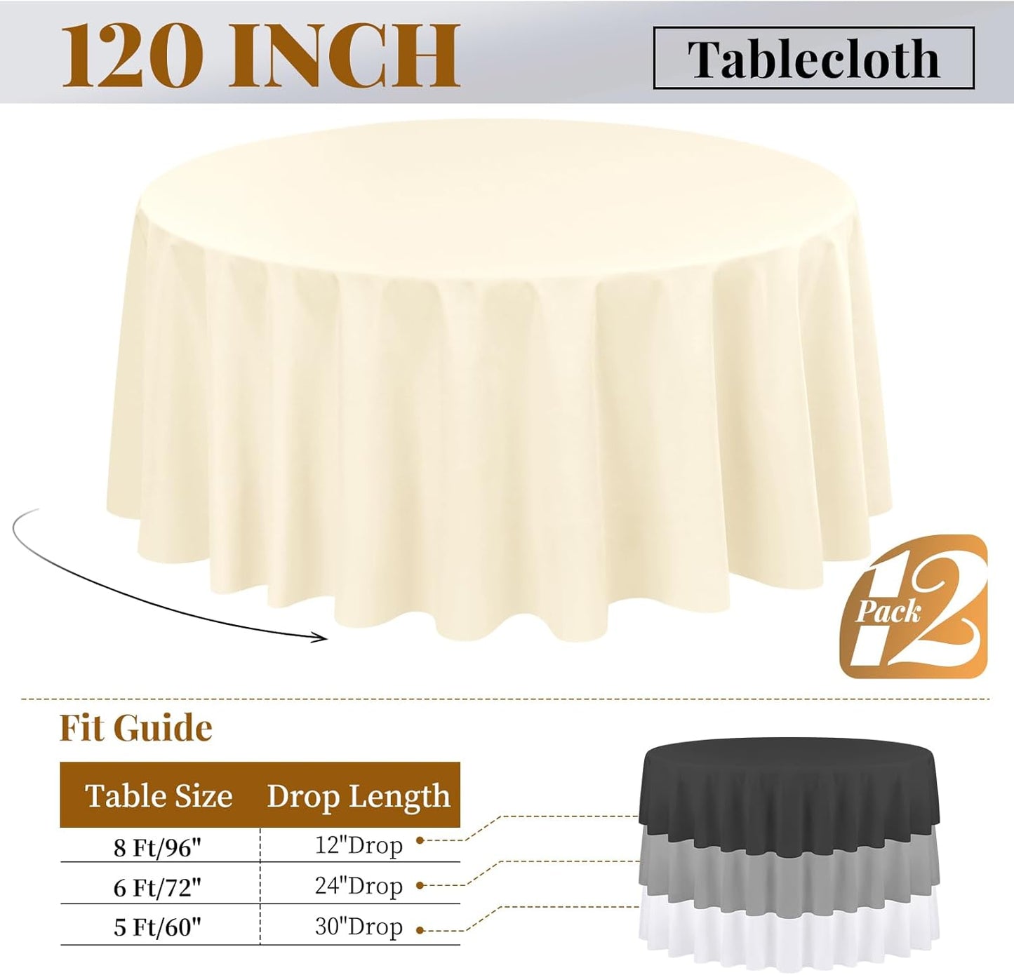 12 Pack 120 Inch Round Tablecloth, Beige Polyester Fabric Table Cloth for Round Table, Washable Tablecover for Wedding Party Dining Buffet Banquet Restaurant and Camping