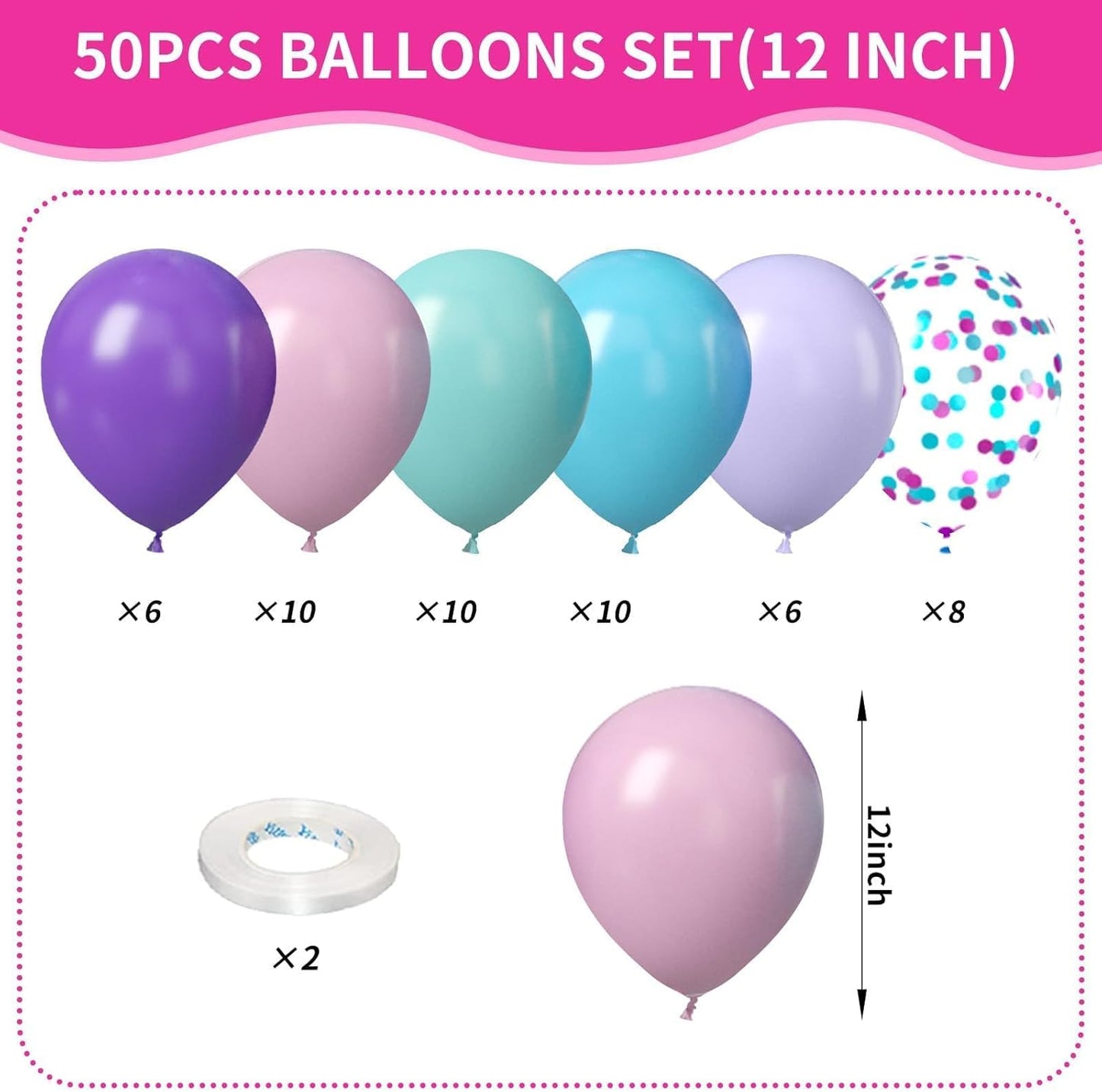 Mermaid Balloons, 50Pcs 12 Inchs Baby Pink Purple Blue Confetti Balloons for Girls Princess Birthday Ocean Theme Party Baby Shower Wedding Engagement Decorations