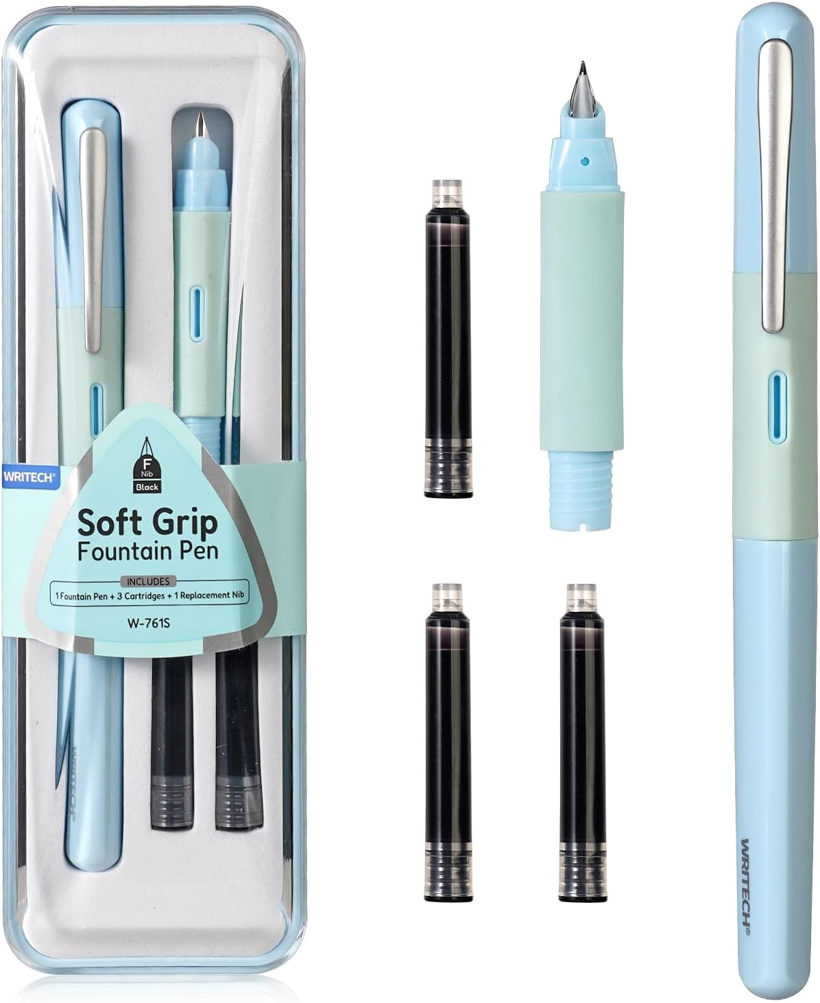 WRITECH Soft Grip Fountain Pen: Black Ink Fine Nib Pen with 1 Replacement Nib Set and 3 Ink Cartridges Smooth Writing for Calligraphy Journaling Gift (Blue)
