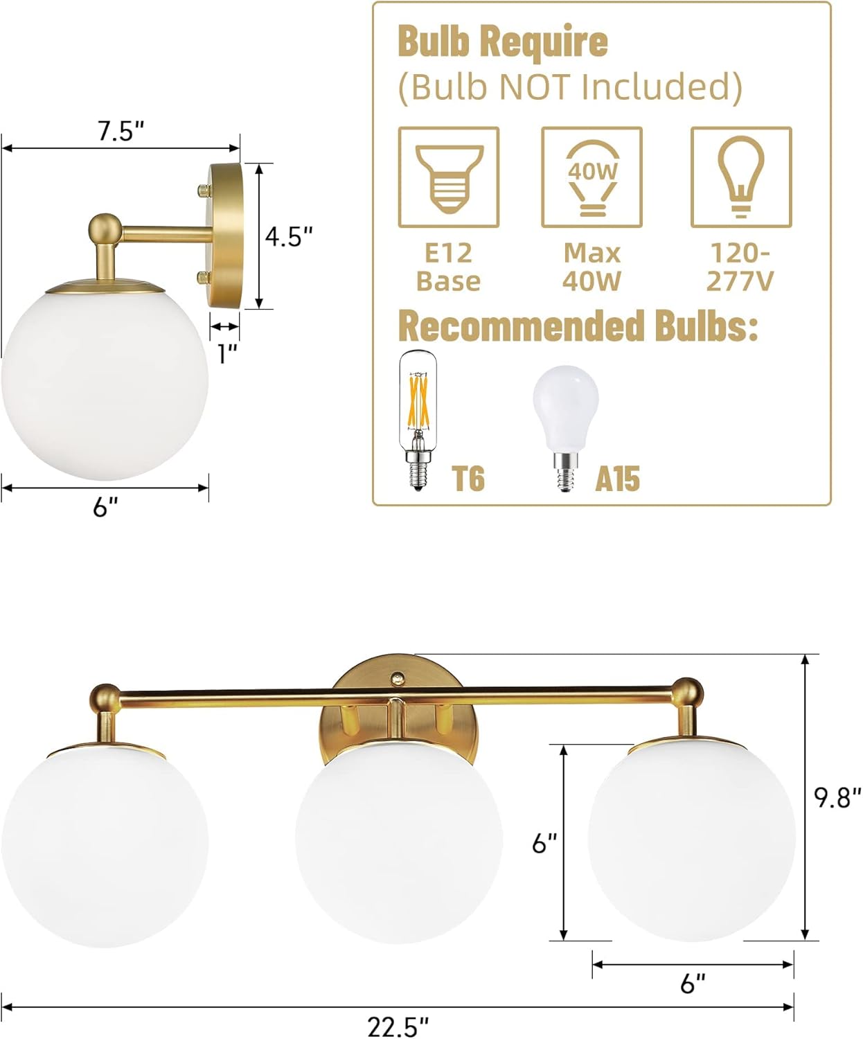 Gold Vanity Light for Bathroom, Modern Bathroom Light Fixtures Over Mirror Brushed Gold Vanity Lights 3-Light Wall Sconce with Milky Glass Globe Shade for Mirror Living Room Bedroom Hallway