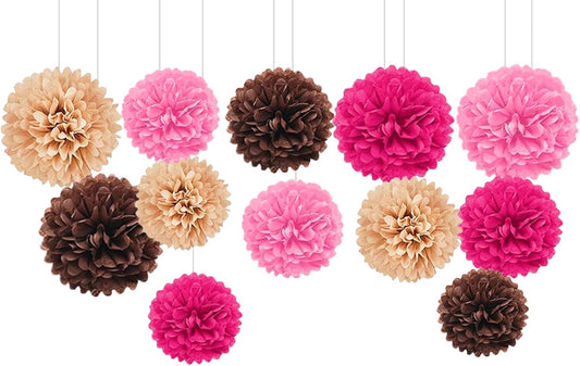 Capesaro Pink and Brown 12PCS Paper Pom Poms Party Decorations for Western Cowgirl Birthday Retro Rodeo Party, Hanging Tissue Paper Flowers for Engagement,Wedding,Baby Shower