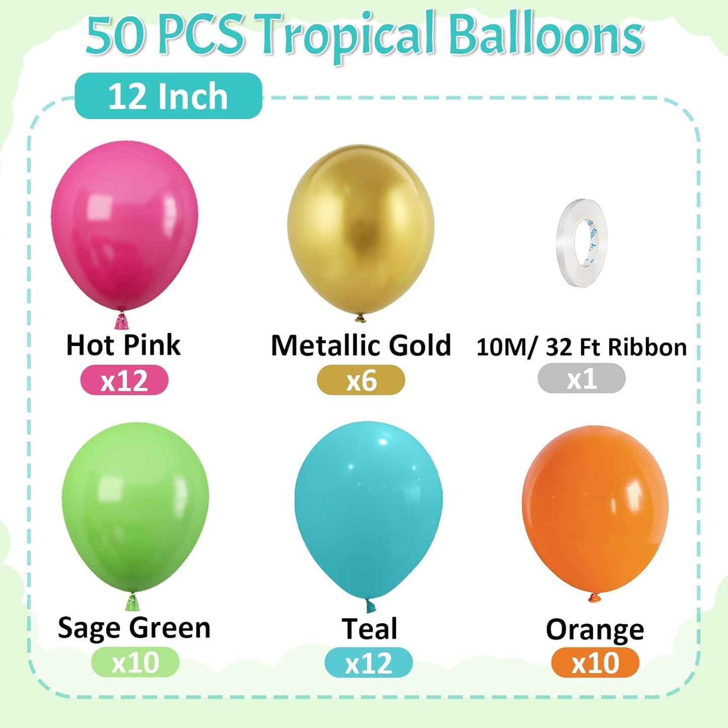 Paready Tropical Balloons Set, 50 Pcs Hawaiian Party Balloons, 12 Inch Hot Pink Orange Teal Green Metallic Gold Latex Balloons Colorful Helium for Baby Shower Summer Party Pool Beach Party Decorations