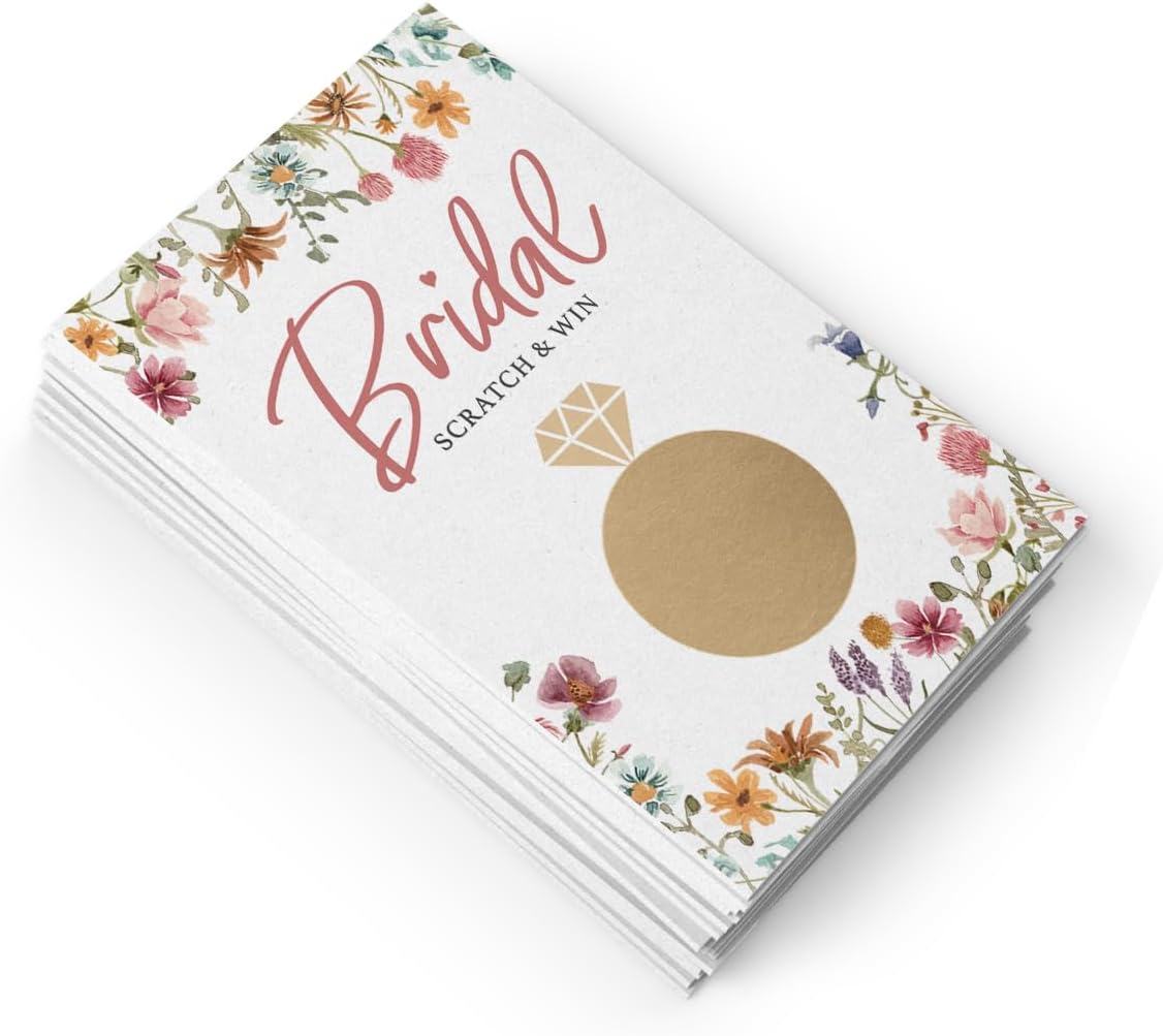 Printed Party Bridal Shower Games – Scratch Off Raffle Cards, Fun Wedding Shower Game, Love In Bloom Wildflower Design, 30 Cards & Stickers