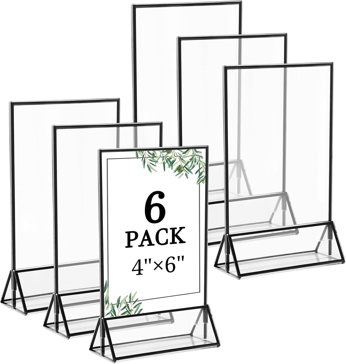 Floroom 6 Pack 4x6 Inch Clear Acrylic Sign Holders, Double-Sided Black Display Stand Picture Frames for Table Numbers, Menus, Flyers, Weddings, and Offices