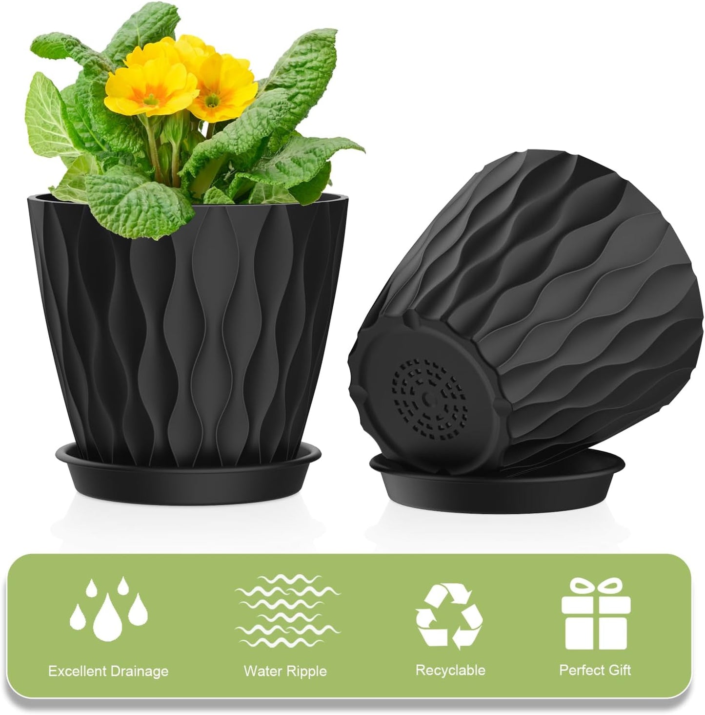 12 Pack 4 Inch Small Plant Pots with Saucers, Waffle Texture Plastic Planters with Drainage Holes for Indoor and Outdoor Plants, Flowers, Herbs, Succulents, and Seedlings, Black