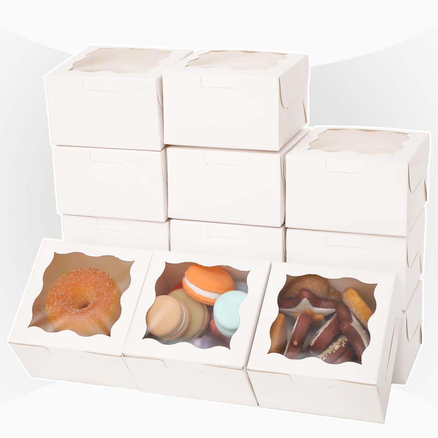 Bakepacker White Bakery Boxes with Window - 4x4x2.5 inches Small Size Pastry & Mini Cookie Boxes for Bakeries - Thick & Sturdy (100 Packs)