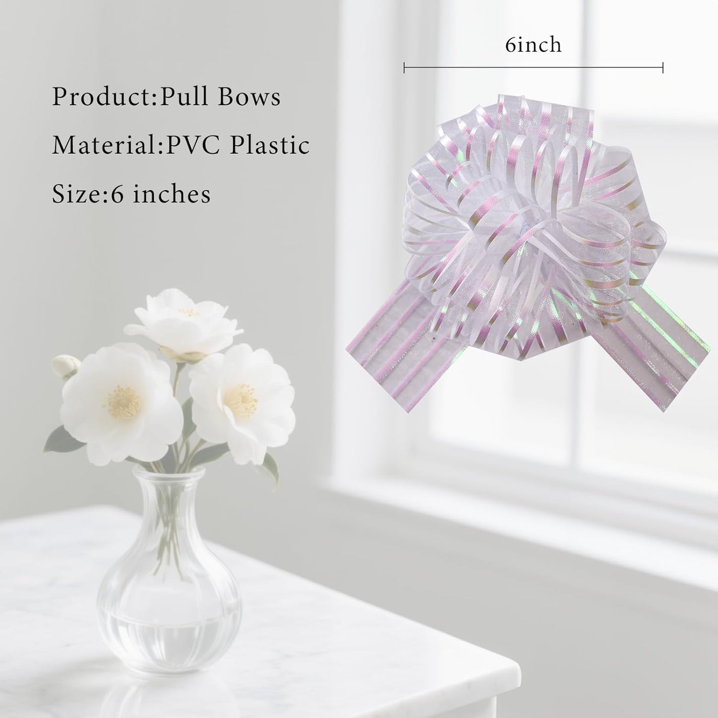 12 Pcs 6 Inch Large Organza Pull Bow Ribbon – Elegant Gift Bows for Wedding Decorations, Christmas Wrapping, Birthday Parties, Car Decor, Gift Baskets, and Valentine's Day Packaging(White)