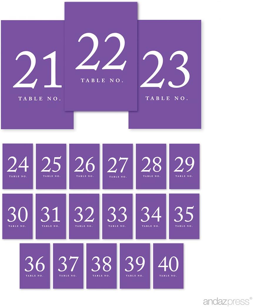 Andaz Press Purple Wedding Table Numbers 21-40, 4x6-Inches Table Number Cards For Wedding Reception Table Number For Seating Chart For Wedding Reception, Restaurant, Classroom, Boda