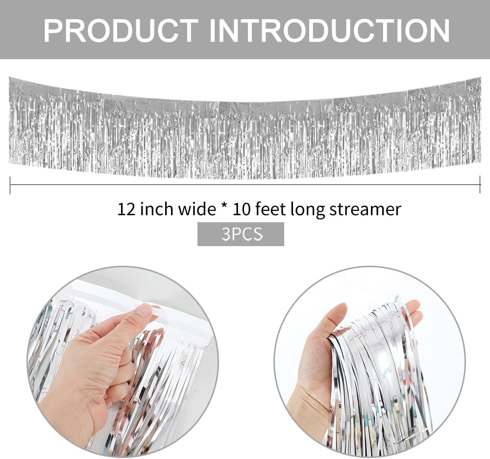 BEISHIDA 3 Packs 30 Feet Metallic Foil Fringe Garland Tinsel Streamers，Shiny Silver Wall Hanging Tinsel Fringe Banners for Wedding Birthday Party Decoration Halloween Christmas New Year